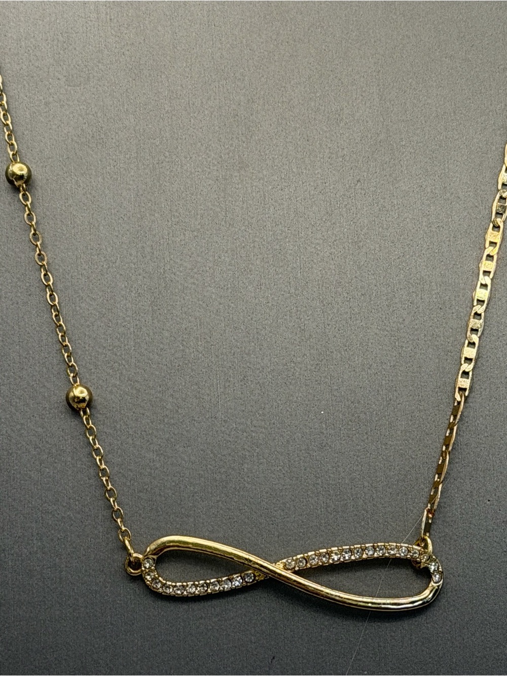 Gold Infinity Pendant Necklace with Rhinestones Mixed Chains